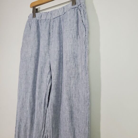 Quince Women's Pants Large Blue White Striped Linen Wide Leg Coastal Lagenlook - Picture 5 of 14